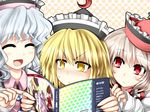  3girls blonde_hair blush brown_hair kazetto lunasa_prismriver lyrica_prismriver magazine merlin_prismriver multiple_girls red_eyes siblings silver_hair sisters smile touhou white_hair yellow_eyes 