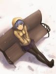  bench blue_hair coat cold commentary copyright_request from_above hands_in_pockets jayun looking_up pantyhose short_hair sitting skirt snow solo yellow_eyes 
