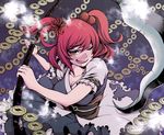  coin danmaku face flower hair_bobbles hair_flower hair_ornament hands one_eye_closed onozuka_komachi phantasmagoria_of_flower_view red_eyes red_hair scythe short_hair smirk solo touhou two_side_up uousa-ou 