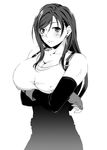  blush breast_hold breasts cleavage crossed_arms earrings final_fantasy final_fantasy_vii fingerless_gloves fumizuki_misoka gloves greyscale huge_breasts jewelry long_hair monochrome shirt solo suspenders tank_top taut_clothes taut_shirt tifa_lockhart 