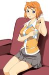  a1 bare_shoulders blue_eyes couch my-hime orange_hair orange_shirt shirt short_hair sitting skirt solo tokiha_mai 