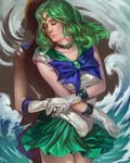  bishoujo_senshi_sailor_moon choker closed_eyes gloves green_hair holding_hands jewelry k-bose kaiou_michiru long_hair multiple_girls realistic ten'ou_haruka water wavy_hair 