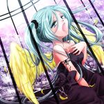  angel_wings aqua_eyes aqua_hair bad_id bad_pixiv_id cage canary_(vocaloid) feathers haruhi_ayame hatsune_miku long_hair open_mouth solo twintails vocaloid wings 