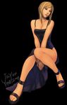  aya_brea bare_shoulders blonde_hair blue_eyes breasts cleavage collarbone commentary dress highres jayun large_breasts looking_away parasite_eve parasite_eve_ii sandals sitting solo 