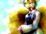  bad_id bad_pixiv_id blonde_hair blue_background blush hat inoe_(noie) long_sleeves looking_afar mob_cap multiple_tails open_mouth pillow_hat short_hair solo tabard tail touhou wide_sleeves yakumo_ran yellow_eyes 