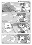  1girl 4koma bangs blush closed_eyes cloud comic drooling english eyebrows eyebrows_visible_through_hair greyscale hair_between_eyes hair_bobbles hair_ornament hand_on_own_face hard_translated mizumoto_tadashi monochrome onozuka_komachi outdoors puffy_short_sleeves puffy_sleeves scythe short_hair short_sleeves sitting sitting_on_rock sky sleeping speech_bubble spoken_ellipsis thought_bubble touhou translated tree two_side_up zzz 