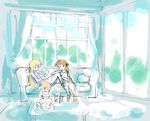  artist_request blonde_hair blush curtains family fate_testarossa indoors looking_at_viewer lyrical_nanoha mahou_shoujo_lyrical_nanoha_strikers multiple_girls ponytail side_ponytail sketch table takamachi_nanoha vivio 