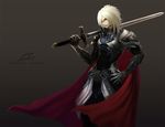 aqua_eyes armor blonde_hair cape gloves leon_(sword_world) male_focus medieval solo sword sword_world tachikawa_mushimaro wallpaper weapon 