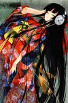  absurdres akg black_hair closed_eyes floral_print headphones highres hime_cut japanese_clothes k701 kimono long_hair original refeia solo very_long_hair 