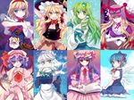  alice_margatroid blonde_hair blush cirno evil_smile frog_hair_ornament hair_ornament hairband hat hat_ribbon highres izayoi_sakuya kirisame_marisa kochiya_sanae lavender_hair looking_at_viewer manle mob_cap multiple_girls patchouli_knowledge remilia_scarlet ribbon short_hair smile touhou witch_hat yakumo_yukari 