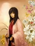  bad_id bad_pixiv_id black_eyes black_hair bug butterfly copyright_request flower hair_over_one_eye highres insect japanese_clothes jiro kimono lily_(flower) solo 