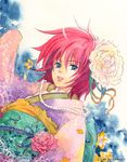  blue_eyes flower gensou_suikoden gensou_suikoden_v hair_flower hair_ornament isabel_(suikoden) japanese_clothes kankichi kimono lowres red_hair short_hair solo 