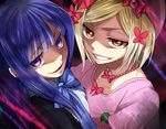  blonde_hair blue_hair breast_press breasts dress frederica_bernkastel jewelry lambdadelta long_hair multiple_girls necklace orange_eyes pearl_necklace pink_dress purple_eyes ribbon shaded_face short_hair small_breasts smile smirk symmetrical_docking troll_face umineko_no_naku_koro_ni yodobashi_yuo 