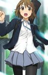  black_legwear blazer brown_eyes brown_hair dress_shirt hair_ornament hairclip highres hirasawa_yui itou_(onsoku_tassha) jacket k-on! motion_blur open_mouth pantyhose pleated_skirt round_teeth running school_uniform shirt skirt solo sweat teeth 