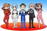  3girls ayanami_rei black_bodysuit blue_bodysuit blue_hair bodysuit fujiko_f_fujio_(style) glasses ikari_shinji makinami_mari_illustrious multiple_boys multiple_girls nagisa_kaworu neon_genesis_evangelion parody pink_bodysuit plugsuit rebuild_of_evangelion red_bodysuit red_eyes shikinami_asuka_langley souryuu_asuka_langley style_parody twintails ueyama_michirou white_bodysuit 