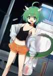  29_(artist) :d ahoge bag bell bell_collar blush breasts cleavage collar dragon dragon_girl fang green_eyes green_hair hand_on_hip happy highres horns legs medium_breasts midriff monster_girl open_mouth original shopping_bag short_hair shorts slit_pupils smile solo spring_onion tail 