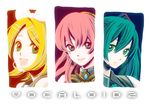  :d aqua_eyes aqua_hair bangs biafura blonde_hair blue_eyes blush bow brooch closed_mouth column_lineup copyright_name hair_between_eyes hair_bow hair_ornament hairclip hatsune_miku jewelry kagamine_rin looking_at_viewer megurine_luka microphone multiple_girls open_mouth pink_hair portrait red_lips sailor_collar short_hair smile swept_bangs tareme upper_body vocaloid white_bow 