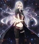  belt blue_eyes boots breasts cleavage coat ebira_(ruvie) eyeshadow knee_boots long_hair makeup medium_breasts midriff miriam navel outstretched_hand silver_hair solo vocaloid 