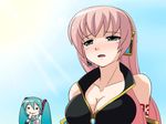  :3 =_= animated animated_gif aqua_hair blue_eyes blush breasts cleavage eating food hatsune_miku headphones headset large_breasts long_hair mameshiba megurine_luka multiple_girls pink_hair popsicle sun sweat twintails vocaloid 