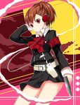  armband bad_id bad_pixiv_id brown_hair evoker female_protagonist_(persona_3) gun hair_ornament hairclip headphones koi_(koisan) persona persona_3 persona_3_portable red_eyes short_hair solo weapon 