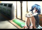  blue_eyes blue_hair fading feet geta heterochromia leg_hug letterboxed mille red_eyes sandals short_hair solo tatara_kogasa tears touhou trash_can 