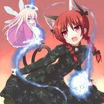  :d animal_ears blonde_hair braid cat_ears cat_tail fang hair_ribbon halo hiraga_matsuri hitodama kaenbyou_rin leaning_forward multiple_girls multiple_tails open_mouth red_eyes red_hair ribbon short_hair skull smile tail touhou twin_braids twintails wings zombie_fairy 