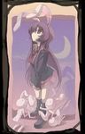  animal_ears bangs black_jacket boots border bunny bunny_ears closed_mouth collared_shirt crescent_moon fruit_punch jacket leg_grab long_hair long_sleeves looking_up miniskirt moon necktie night night_sky pink_skirt pleated_skirt projected_inset purple_eyes purple_hair red_neckwear reisen_udongein_inaba shirt skirt sky solo standing touhou white_shirt 