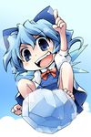  barefoot blue_eyes blue_hair bow child cirno grin ham_(points) ice short_hair smile solo touhou wings 