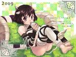  akeome animal_ears barefoot black_hair bottle copyright_request cow_ears cow_tail detached_sleeves feet grass happy_new_year horns kotoyoro milk_bottle mismatched_legwear new_year panties ribbon short_hair solo suzuki_hanako tail thighhighs toeless_legwear underwear 