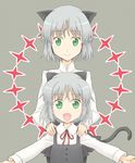  animal_ears black_legwear cat_ears child dress green_eyes ishioto multiple_girls open_mouth pantyhose sanya_v_litvyak short_hair silver_hair smile strike_witches tail time_paradox uniform world_witches_series younger 