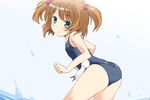  ass bad_id bad_pixiv_id blue_eyes brown_hair flat_chest hair_bobbles hair_ornament kataoka_yuuki looking_back mousou_(mousou_temporary) one-piece_swimsuit saki school_swimsuit solo swimsuit two_side_up water 
