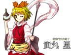  alphes_(style) bad_id bad_pixiv_id bishamonten's_pagoda bishamonten's_spear blonde_hair hair_ornament multicolored_hair one_eye_closed parody polearm shawl smile solo spear style_parody toramaru_shou tottema touhou weapon yellow_eyes 