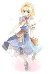  alice_margatroid blonde_hair blue_dress blue_eyes bobby_socks dress fruit_punch full_body hairband looking_at_viewer mary_janes shoes simple_background socks solo standing touhou white_background white_legwear 