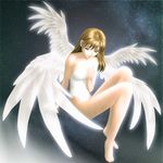  angel_wings barefoot blue_eyes brown_hair feet leotard original satou_kazuyoshi solo space wings 