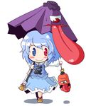  amura_(artist) bad_id bad_pixiv_id blue_eyes blue_hair chibi chouchin_obake geta heterochromia karakasa_obake lantern paper_lantern purple_umbrella red_eyes sandals short_hair solo tatara_kogasa tongue touhou umbrella 