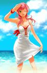  bad_id bad_pixiv_id bare_shoulders bow bra bracelet breasts cleavage cleavage_cutout cloud collarbone copyright_request day isshoku_(shiki) jewelry lingerie long_hair medium_breasts ocean one_eye_closed outdoors pink_hair skirt sky solo underwear water white_skirt yellow_eyes 