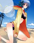  anubis2501 barefoot beach bikini bikini_under_clothes blue_eyes blue_hair blush breasts cleavage cloud copyright_request day frilled_bikini frills hair_ribbon heart hood hoodie long_hair medium_breasts outdoors ribbon sky solo swimsuit swimsuit_under_clothes tree 