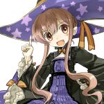  1girl :d atelier_(series) atelier_ayesha black_dress black_hat blush brown_eyes brown_hair dress fang flat_chest hand_on_own_hip hand_up hat lace_trim long_hair long_sleeves looking_at_viewer open_mouth pointing pointing_up print_headwear sidelocks smile solo star_(symbol) star_print white_background wilbell_voll-ersleid witch witch_hat yugi_(magical-dreamer) 