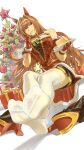  1girl absurdres animal_ears bare_shoulders breasts cake christmas_tree commentary_request daiwa_scarlet_(scarlet_nuit_etoile)_(umamusume) daiwa_scarlet_(umamusume) dress feet food fur-trimmed_dress fur_trim gloves highres horse_ears horse_girl long_hair looking_at_viewer no_shoes panties red_eyes red_gloves red_panties ruukii_drift santa_costume santa_dress soles solo thighhighs toes umamusume underwear white_thighhighs 