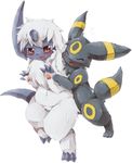  2014 absol ambiguous_gender black_fur blush claws duo eeveelution eyes_closed feral fur hindpaw markings nintendo open_mouth pawpads paws plain_background pok&eacute;mon red_eyes umbreon video_games wahitouppe white_background white_fur yellow_markings 