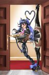  1girl absurdly_long_hair absurdres animal_ears black_hair blush bodystocking boots braid breasts cat_ears cat_girl cat_tail cup embroidered_bra fangs flexible full_body hair_between_eyes heterochromia highres holding holding_teapot holding_tray huge_breasts jingle_bell_earrings jinsuzhou last_origin leg_lift leg_up long_hair looking_at_viewer maid maid_headdress multiple_braids open_mouth poi_(last_origin) pouring purple_eyes shoes smile solo split standing standing_on_one_leg standing_split tail tea tea_set teacup teapot thighhighs tray tri_braids very_long_hair yellow_eyes 