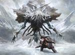  ambiguous_gender armor backpack crouching duo elemental fighter front_view holding_weapon horn ice magic_the_gathering mike_bierek monster official_art outside rear_view size_difference storm sword tentacles weapon 