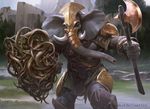  action_pose anthro armor axe digital_painting_(artwork) elephant front_view holding_weapon loxodon magic_the_gathering male mammal official_art outside shield soldier solo standing tusks weapon wesley_burt 