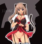  animal_ears bell blue_eyes bottomless breasts brown_hair cat cat_ears cat_tail censored clothed clothing collar colrin digital_media_(artwork) english_text feline female hair half-dressed human ineffective_censorship mammal nipples pussy skirt skirt_lift text 