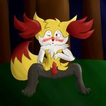  anthro balls blush braixen brown_eyes canine forest fox fur knot looking_at_viewer male mammal mytew neksu nintendo open_mouth penis pok&eacute;mon solo tree video_games yellow_fur 