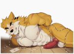  1boy abs animal_ears animal_penis arms_behind_back artist_name bara christmas_lights clenched_teeth completely_nude cooper_krager cum ejaculation english_commentary erection fang furry furry_male highres looking_at_viewer lying male_focus multiple_scars muscular muscular_male navel nipples nude on_floor on_side pectorals penis remember_the_flowers scar scar_across_eye scar_on_chest scar_on_face scar_on_nose scar_on_stomach teeth testicles white_background wolf_boy wolf_ears yncarne 