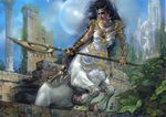  armor centaur city cityscape equine female holding_weapon hooves human jumping magic_the_gathering mammal official_art polearm ruins signature soldier solo spear taur terese_nielsen traditional_media_(artwork) vegetation weapon 