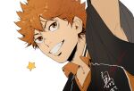  1boy arm_up brown_eyes collared_shirt commentary double-parted_bangs grin haikyuu!! hair_between_eyes hashtag-only_commentary highres hinata_shouyou joe_0602 karasuno_volleyball_uniform looking_to_the_side male_focus open_clothes open_shirt orange_hair shirt short_sleeves sideways_glance simple_background smile sportswear star_(symbol) teeth upper_body volleyball_uniform white_background 
