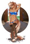  bra breasts clothed clothing equine etuix female flashing horse legwear looking_at_viewer mammal midriff navel nipples panties panty_pull pussy skimpy solo standing stockings underwear 