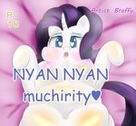  &lt;3 anthro bed big_breasts blue_eyes blush braffy breasts cutie_mark digital_media_(artwork) equine female friendship_is_magic fur hair hi_res hooves horn long_hair looking_at_viewer lying mammal my_little_pony navel nipples open_mouth overweight purple_hair rarity_(mlp) solo text unicorn white_fur 